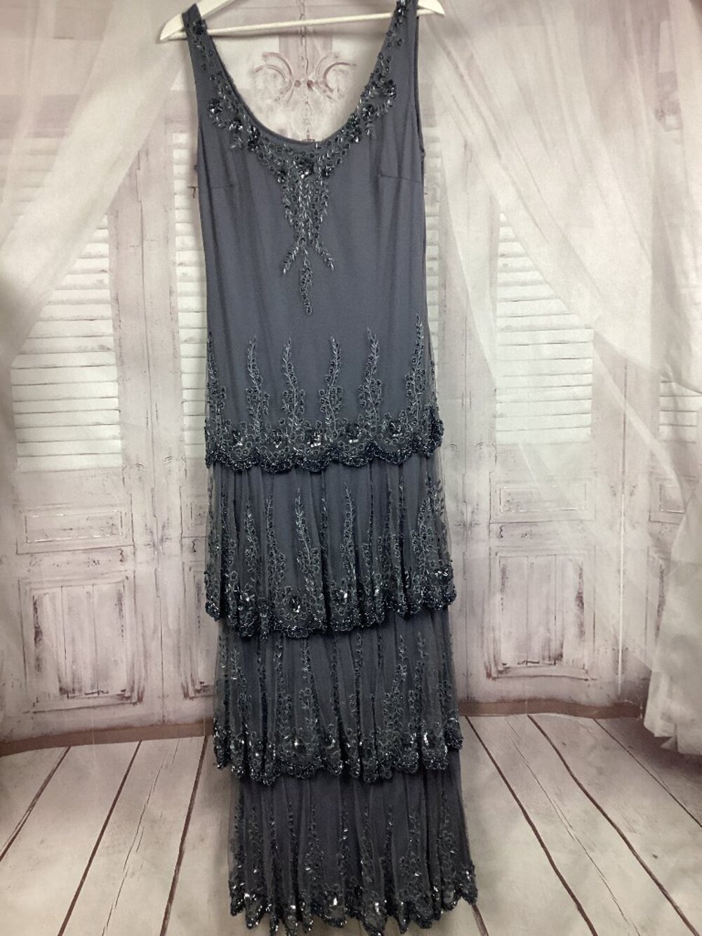 Stenay Black Gray Beaded Tiered Maxi Dress Scalloped Beaded Gown 10 NWT